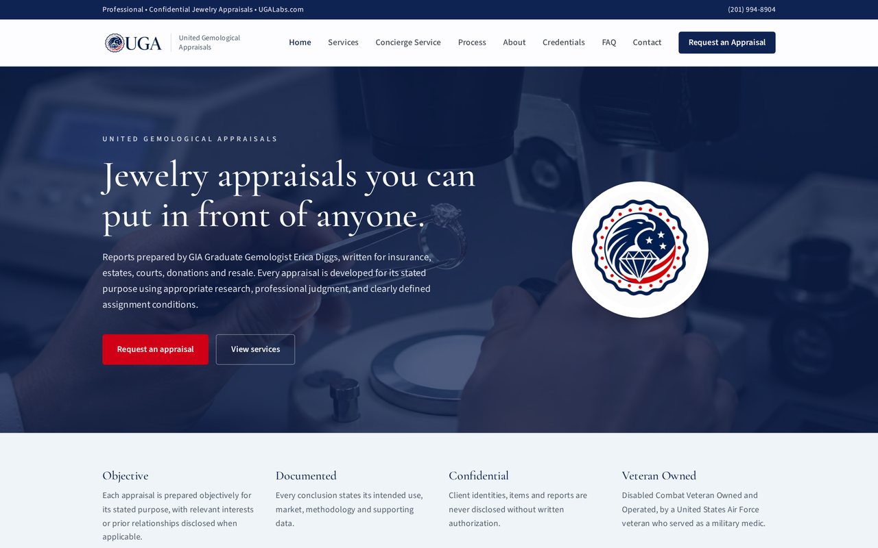 Screenshot of the United Gemological Appraisals homepage showing the jewelry appraisal presentation.