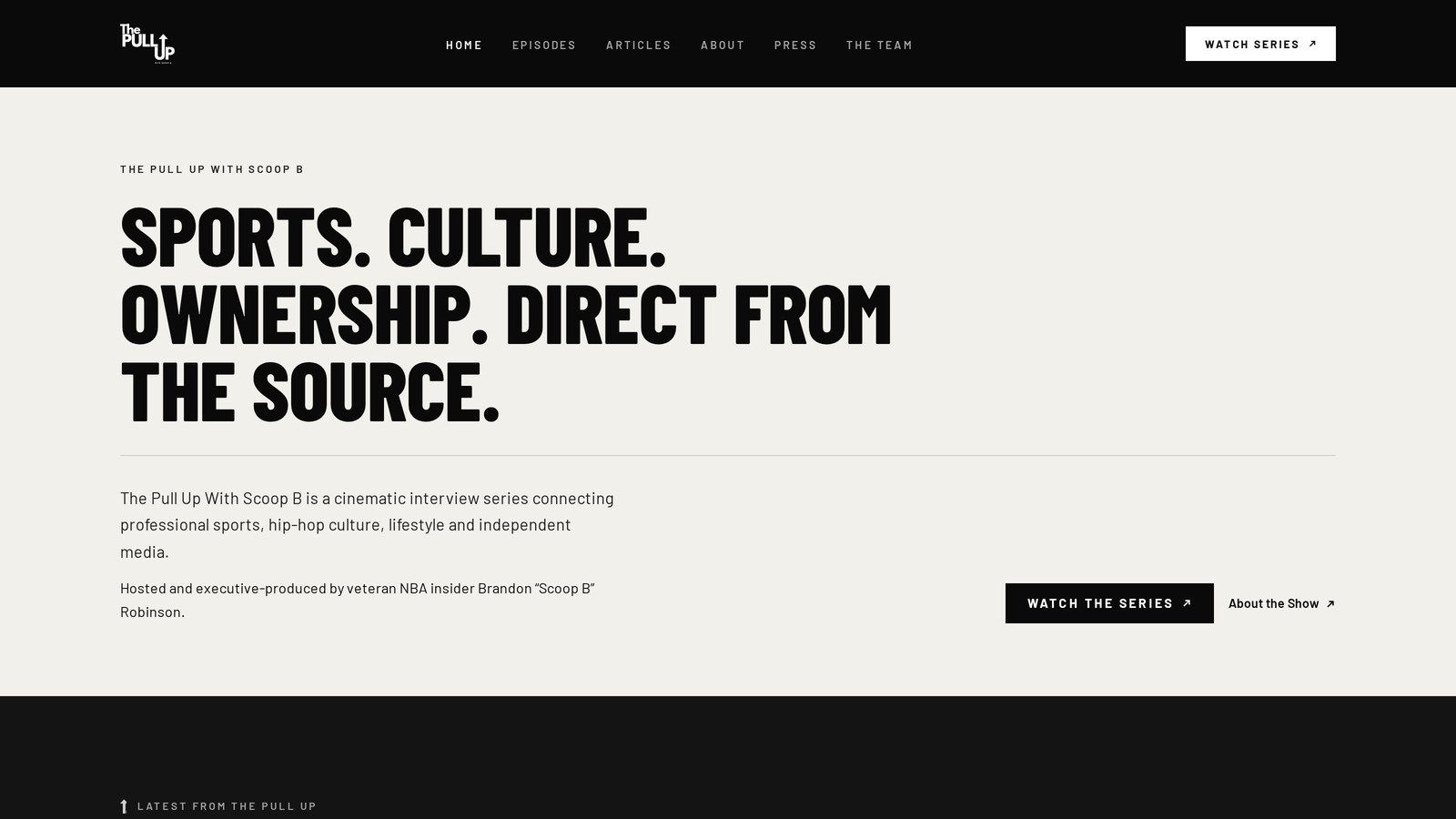 Screenshot of the PullUpSports.tv homepage showing the black and cream editorial design with the headline Sports. Culture. Ownership. Direct from the source.