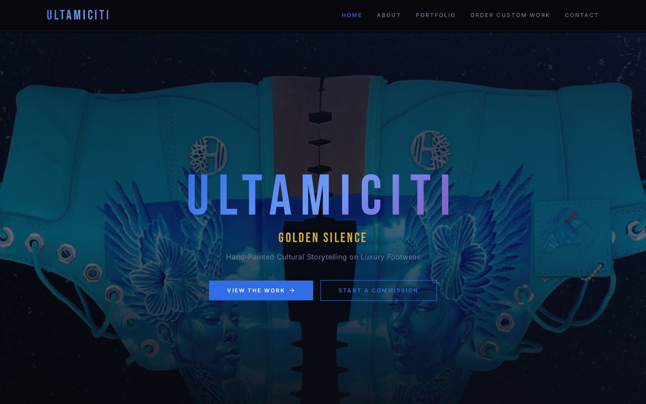 Screenshot of the Ultamiciti homepage showing hand-painted luxury footwear and wearable art.